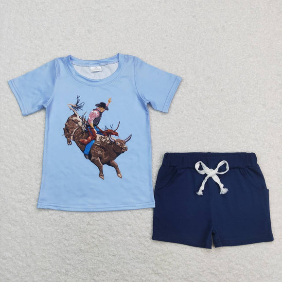 BSSO0477-- cow blue short sleeve shirt and shorts boy outfits