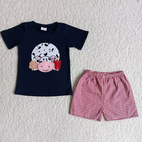 Embroidery Short sleeves cow red plaid shorts boys summer outfits