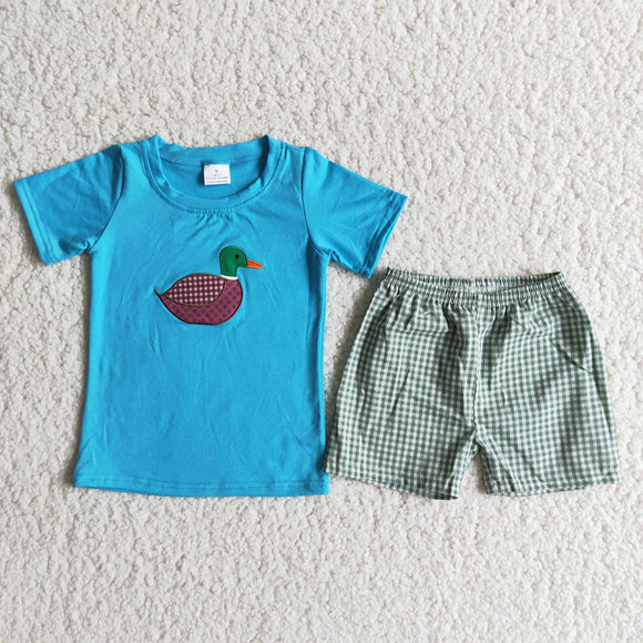 blue  embroidery boy's mallard print Summer outfits