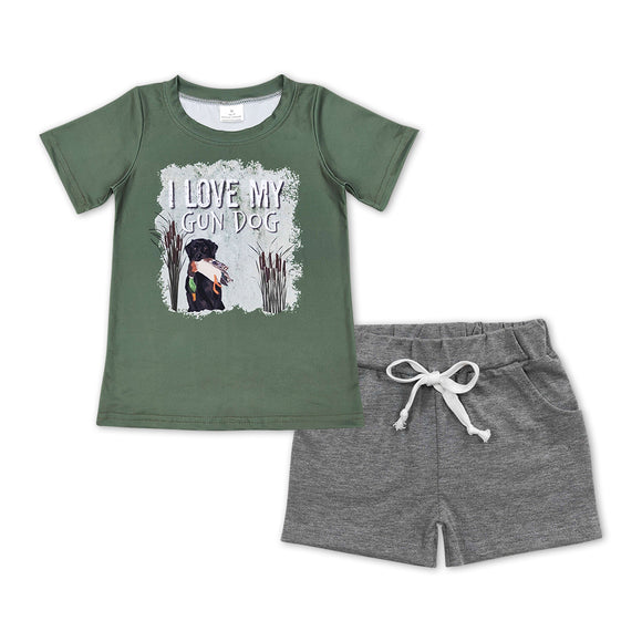 BSSO0448-- dog green short sleeve shirt and gray shorts boy outfits