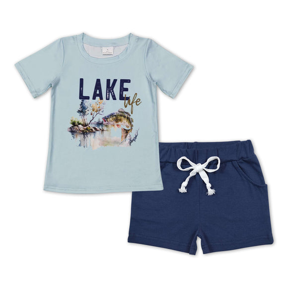 BSSO0449-- fish blue short sleeve shirt and shorts boy outfits