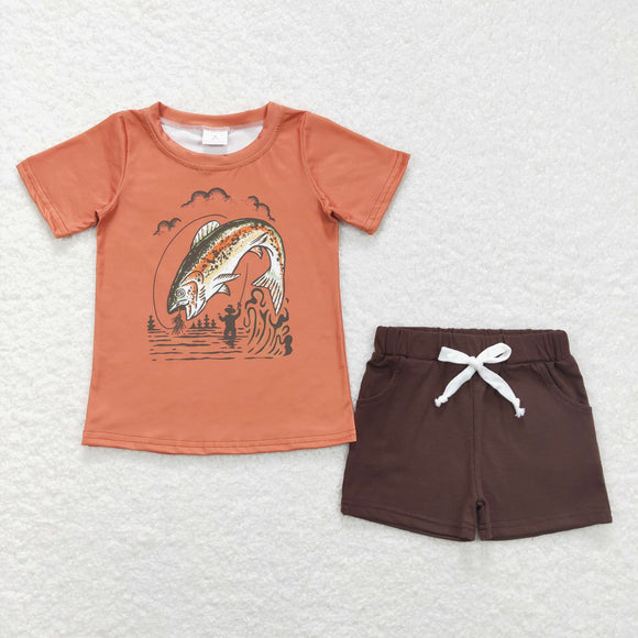 BSSO0489-- fishing orange short sleeve shirt and shorts boy outfits