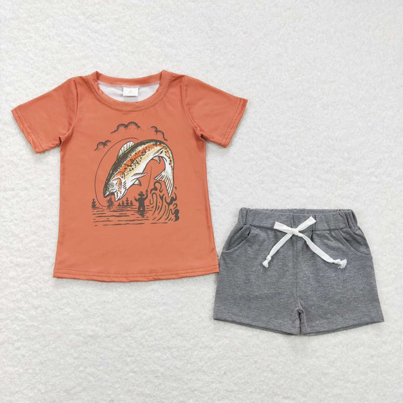 BSSO0490-- fishing orange short sleeve shirt and gray shorts boy outfits
