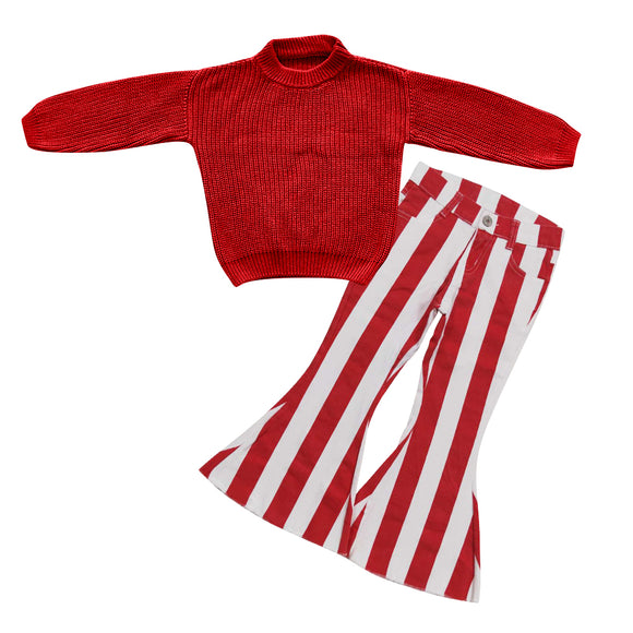 red knit sweater + red stripe jeans girls outfits