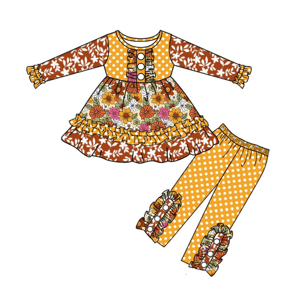 GLP1197 pre order Long sleeves floral dot yellow girl outfits