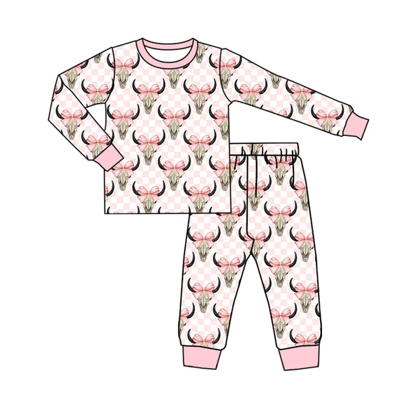 GLP12115  pre order Long sleeves western skull cow bow pink girl pajamas