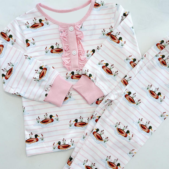 GLP12117  pre order Long sleeves mallard duck pink girl pajamas