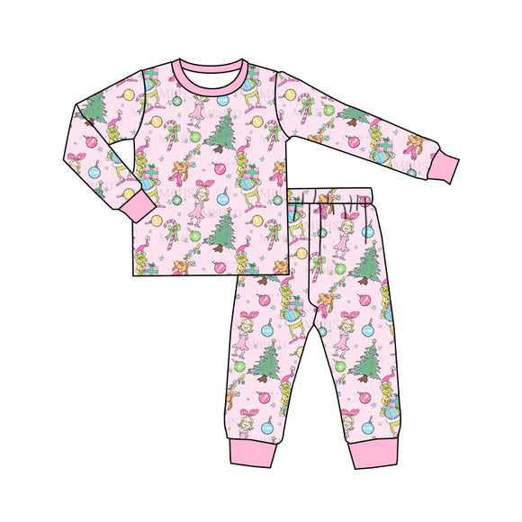 GLP12120  pre order Long sleeves Christmas pink cartoon girl pajamas