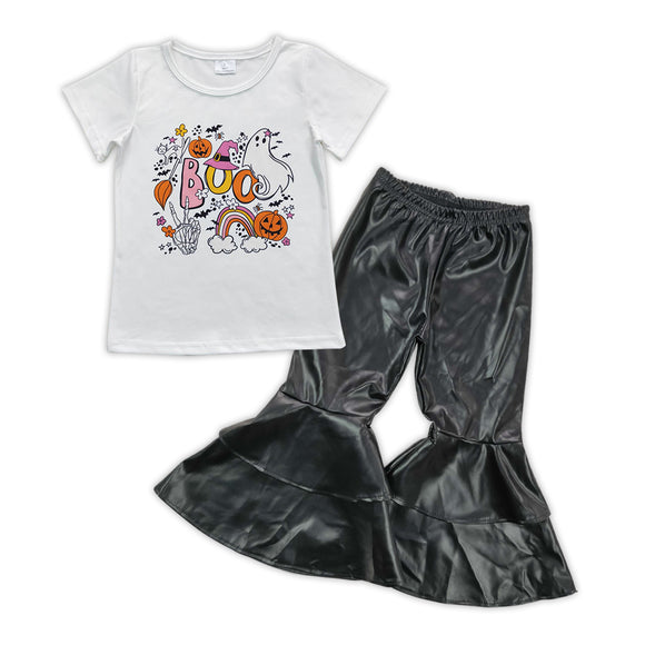 Halloween boo girls top + Black leather pants outfits