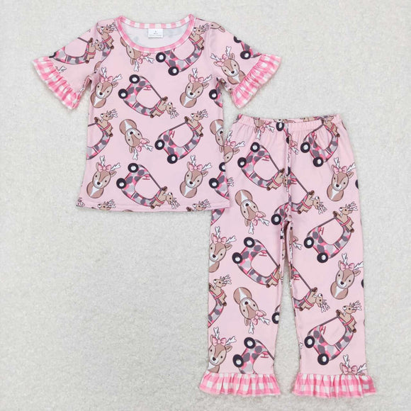 GSPO1100---short sleeve deer pink girls pajamas