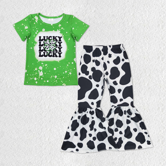 GSPO1172--lucky green short sleeve shirt and pants girls clothing