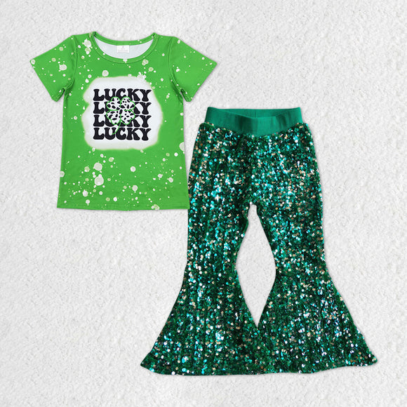 GSPO1297 green lucky sequins pants girls clothing