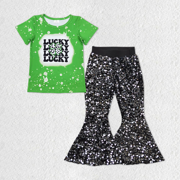GSPO1299 green lucky sequins black pants girls clothing
