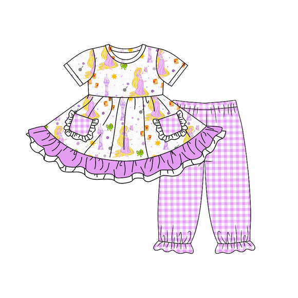 GSPO1612 pre order Short sleeves princess purple plaid  girl outfits