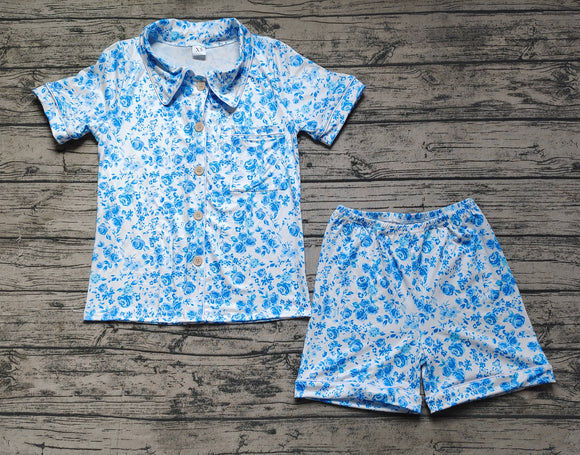 Short sleeves blue floral adult women button down pajamas