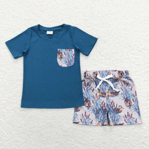 BSSO0452-- duck blue short sleeve shirt and shorts boy outfits