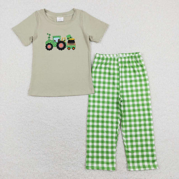 BSPO0276--  St. Patrick tractor green embroidery boy outfits