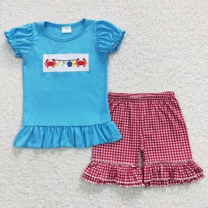 summer embroidered crab blue and red girls outfits
