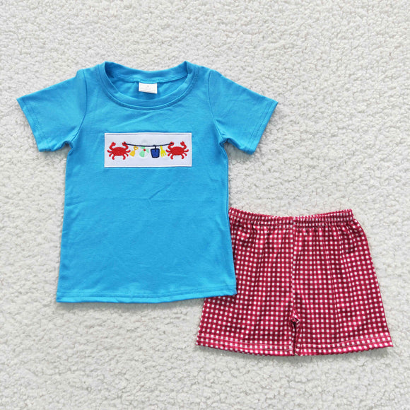 summer embroidered crab blue and red  boys outfits