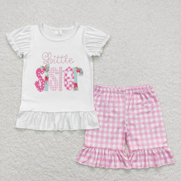 Little sister floral top pink plaid shorts girls outfits