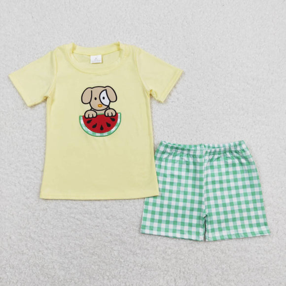 BSSO0446--summer dog watermelon yellow green embroidery boy outfits