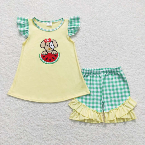 GSSO0483--dog watermelon yellow green embroidery girls outfits