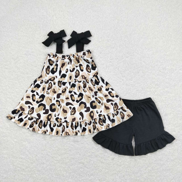 Black straps leopard tunic ruffle shorts girls clothes
