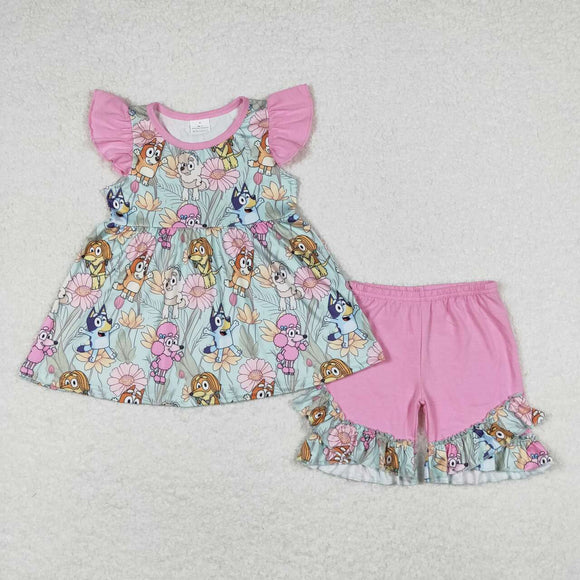Floral dog tunic ruffle shorts baby girls outfits
