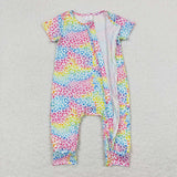 Short sleeves colorful leopard baby girls zipper romper