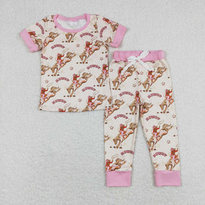 Pink short sleeves horse rodeo howdy girls pajamas