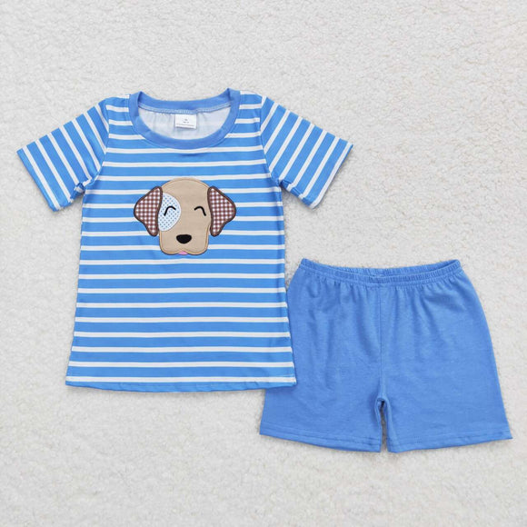 Embroidery Blue stripe dog shirt shorts boys summer clothing