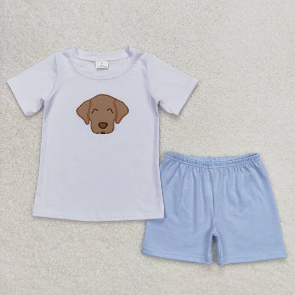 Embroidery White dog top blue shorts kids boys summer clothes