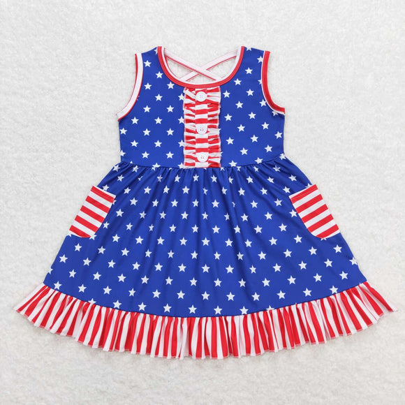 Sleeveless stripe stars pockets girls 4th of july dresses