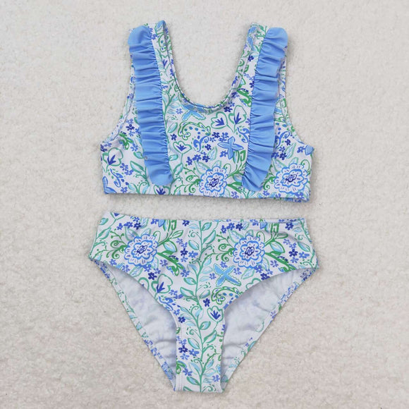 Light blue green floral 2pcs girls summer swimsuit
