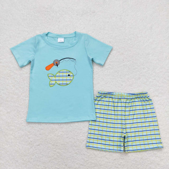 Embroidery Short sleeves fishing top plaid shorts boys clothing