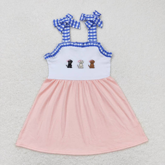 Embroidery Suspender dog print pink baby girls dresses