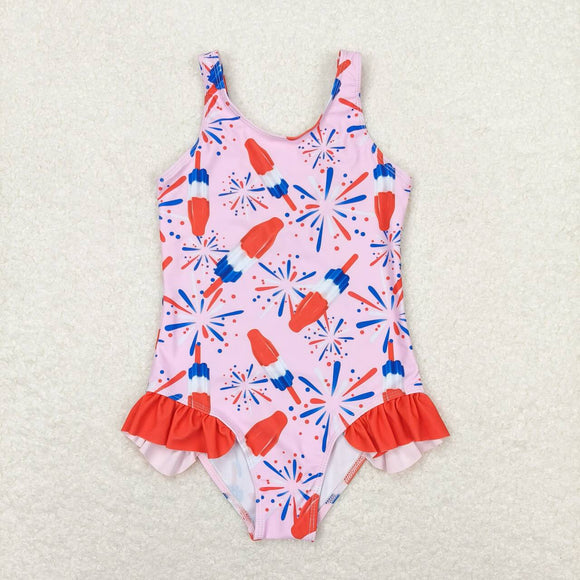 Sleeveless pink popsicle firework girls 4th of july swimsuit