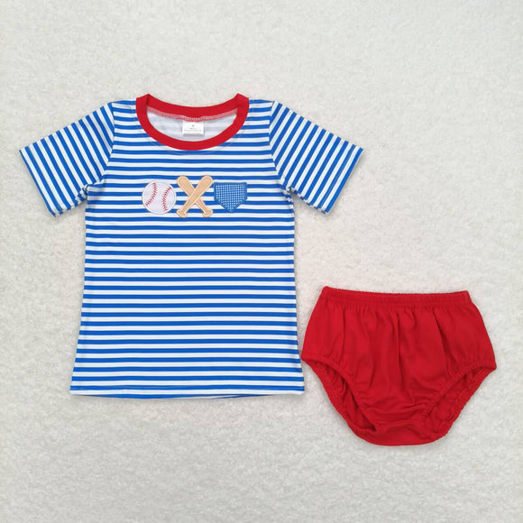 Embroidery Blue stripe baseball top bummies baby boys clothes