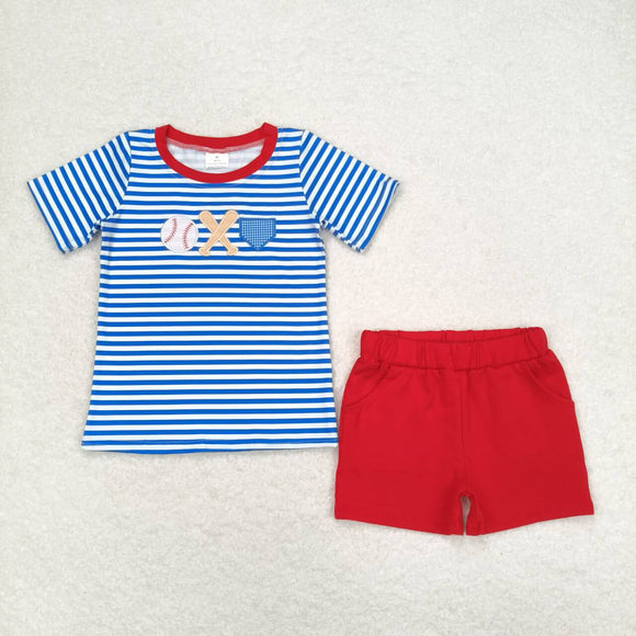 Blue Stripe embroidery  baseball top red shorts boys clothes