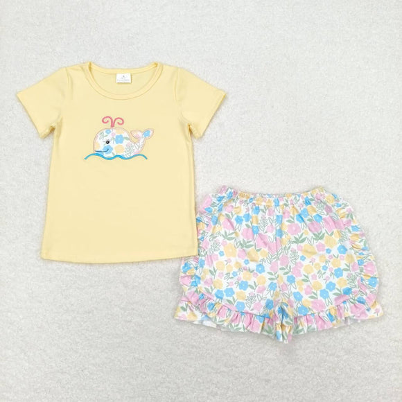 embroidery Yellow floral whale top shorts girls summer clothes