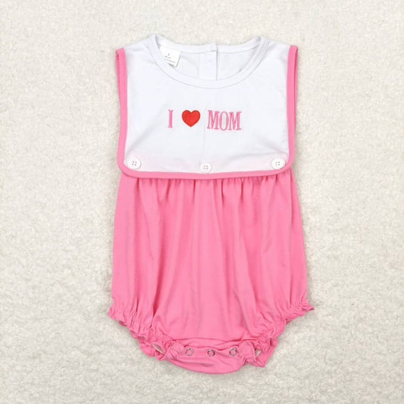Embroidery I love MOM sleeveless pink baby girls mother's day romper