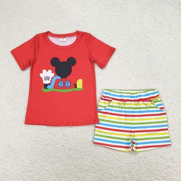 Red mouse top colorful stripe shorts boys summer set