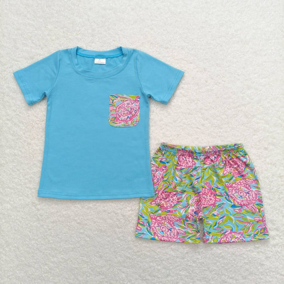 Blue pocket watercolor turtle shorts boys summer outfits