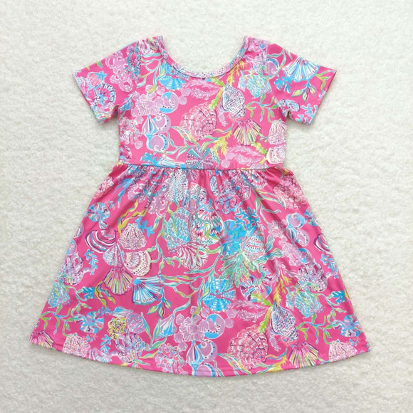 Short sleeves hot pink watercolor shell girls summer dress