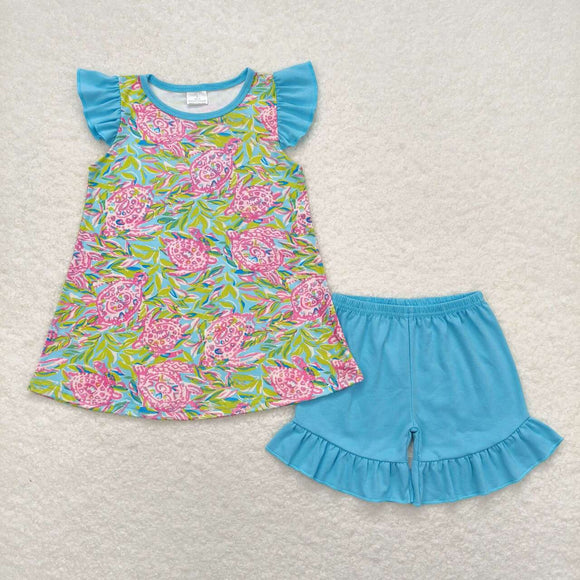 Flutter sleeves watercolor turtle top ruffle shorts girls clothes