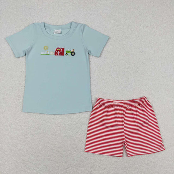 Short sleeves embroidery farm tractor top shorts boys clothing