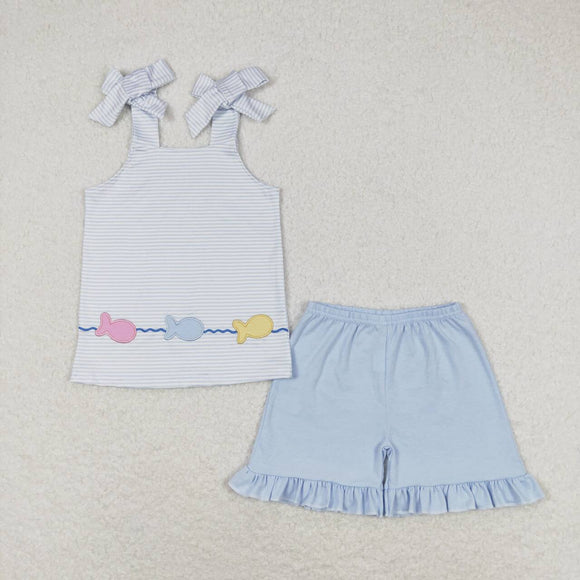 embroidery Straps stripe fish top ruffle shorts girls summer clothes