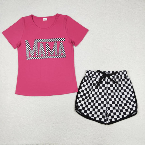 Hot pink mama top black plaid shorts adult women set