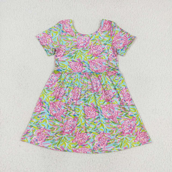 Short sleeves watercolor turtle girls summer dress