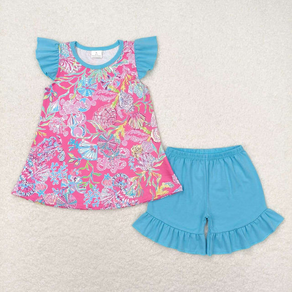 Hot pink watercolor shell top ruffle shorts girls clothes